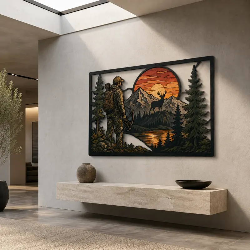 Hunter Watching Elk in Mountain Sunset Colorful Metal Wall Art