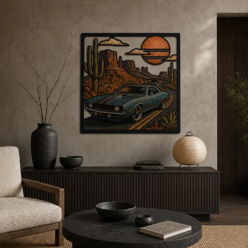 Classic Mustang Car on Desert Highway Colorful Metal Wall Art