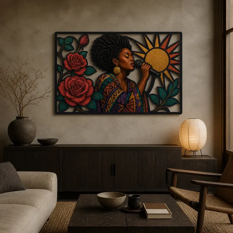 Afro Soul Singer with Roses and Radiant Sun Colorful Metal Wall Art