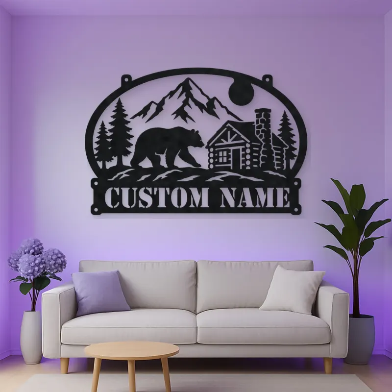 Personalized Bear Cabin Metal Wall Art with Mountain Scene