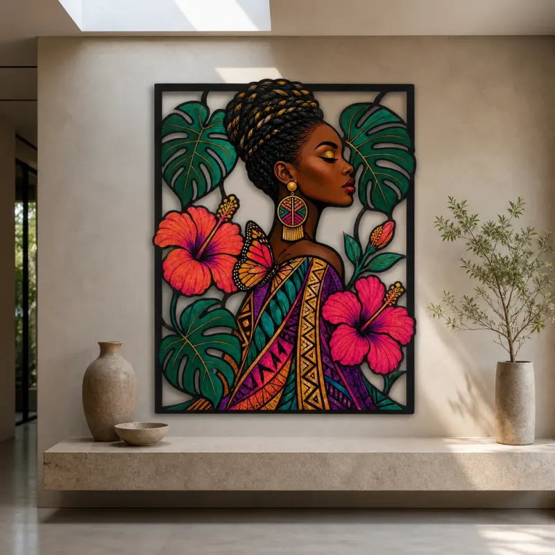 Afro Woman with Tropical Hibiscus and Butterflies Colorful Metal Wall Art