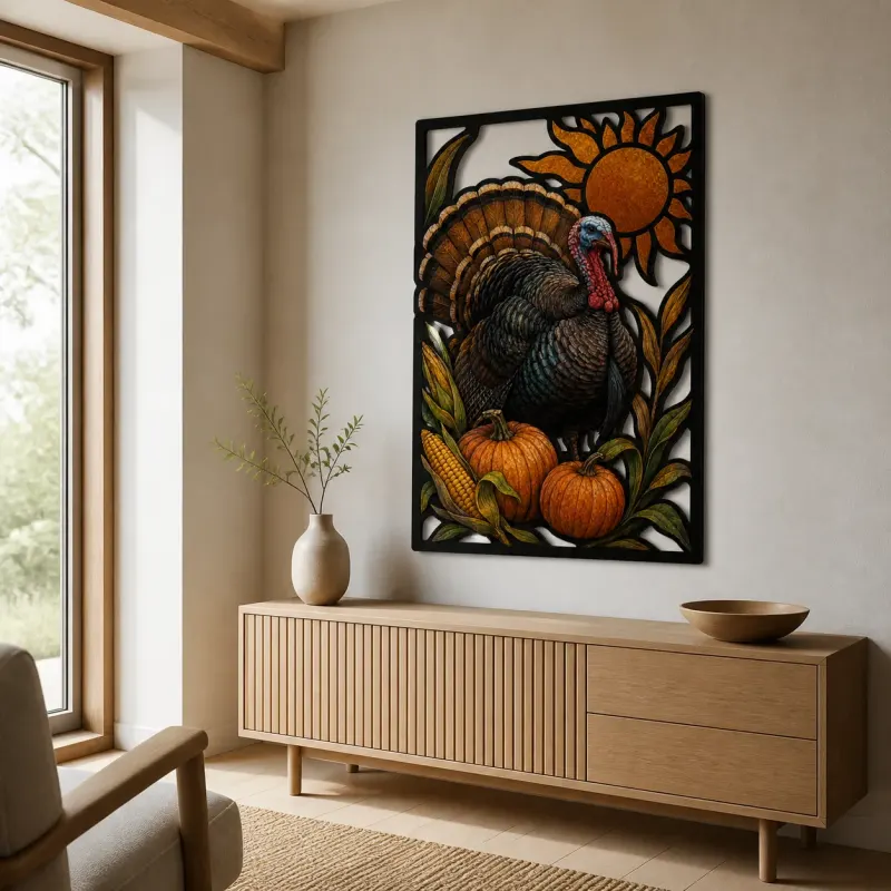 Thanksgiving Turkey with Pumpkins and Corn Colorful Metal Wall Art
