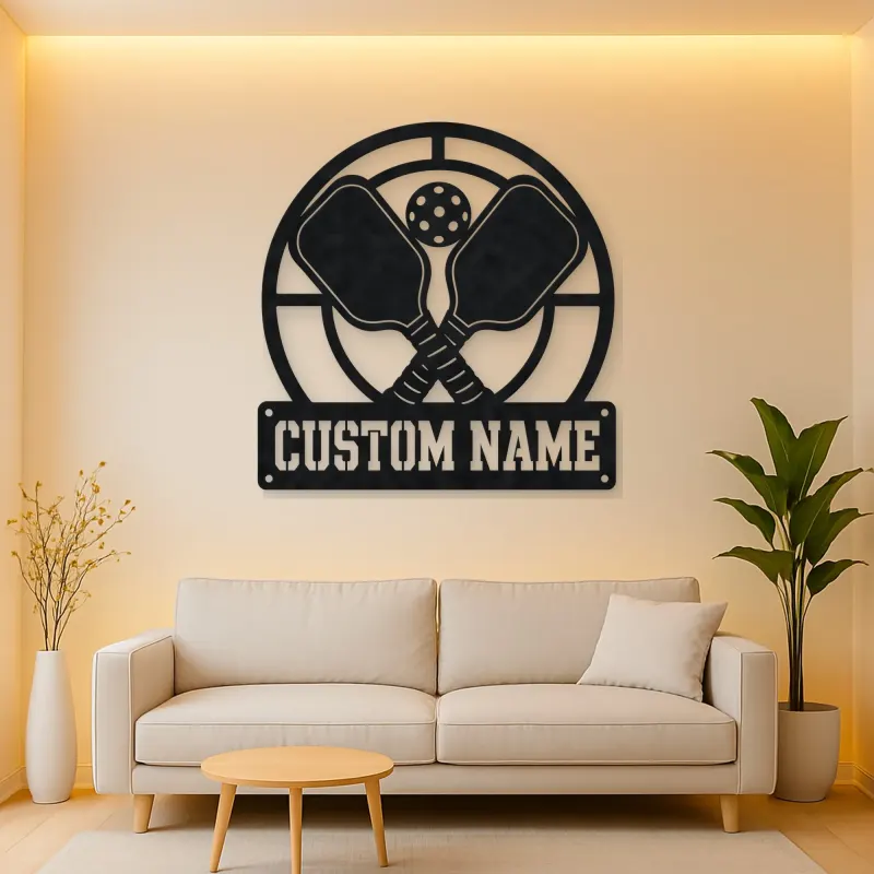 Personalized Pickleball Paddle Metal Wall Art with Court Lines