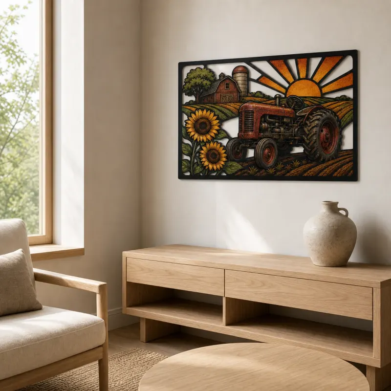 Vintage Farm Tractor with Sunflowers at Sunrise Colorful Metal Wall Art