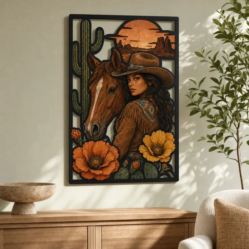 Cowgirl with Horse Poppies and Desert Cactus Colorful Metal Wall Art