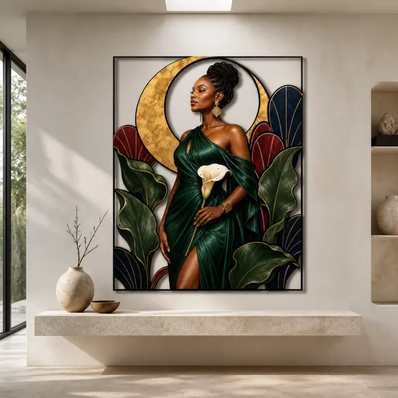 Elegant Black Woman in Green Dress with Calla Lilies Colorful Metal Wall Art