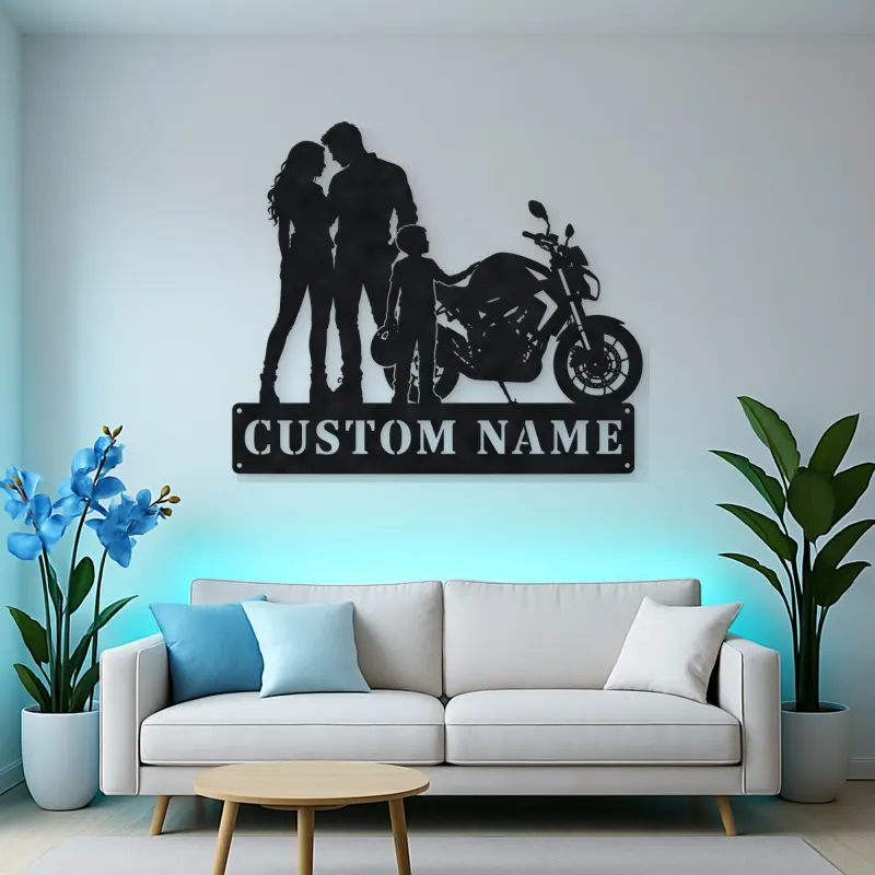 Personalized Motorcycle Family with Helmet Carrying Child Metal Wall Art