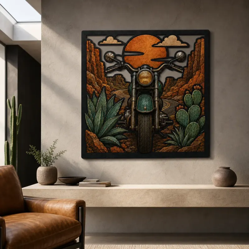 Classic Motorcycle on Desert Canyon Road Colorful Metal Wall Art