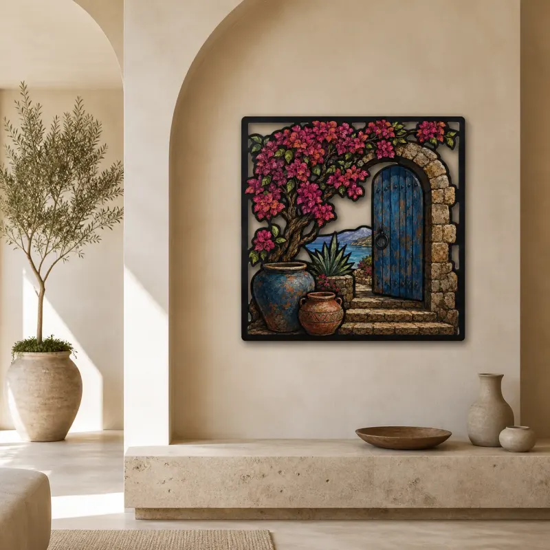 Blue Stone Arch Door with Bougainvillea and Sea Colorful Metal Wall Art