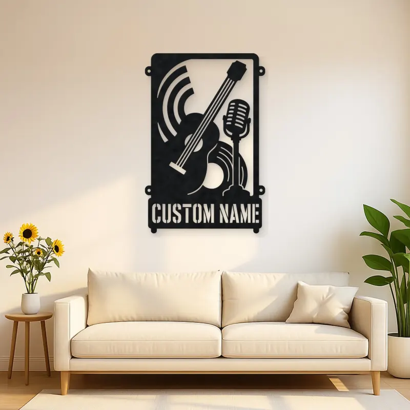 Cartel de metal personalizado de contrabajo musical con micrófono vintage