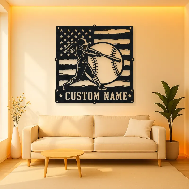 Personalized Softball Batter Distressed American Flag Metal Wall Art