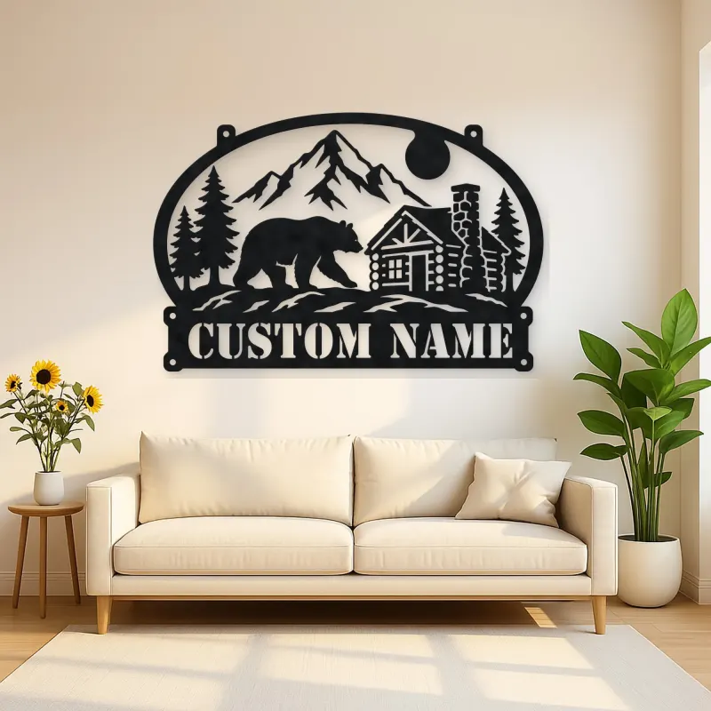 Personalized Bear Cabin Metal Wall Art with Mountain Scene