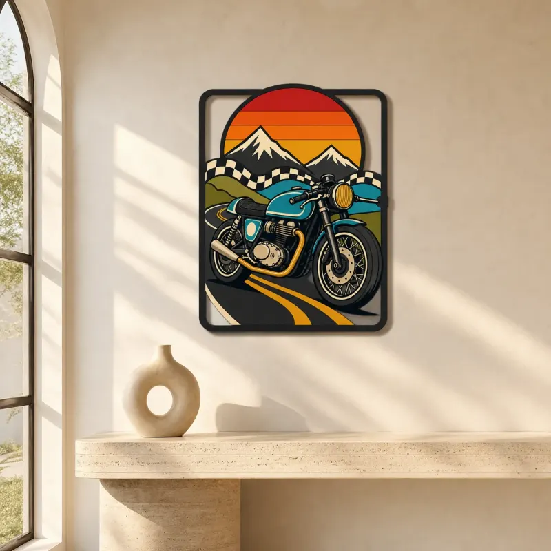 Vintage Motorcycle on Mountain Road at Sunset Colorful Metal Wall Art
