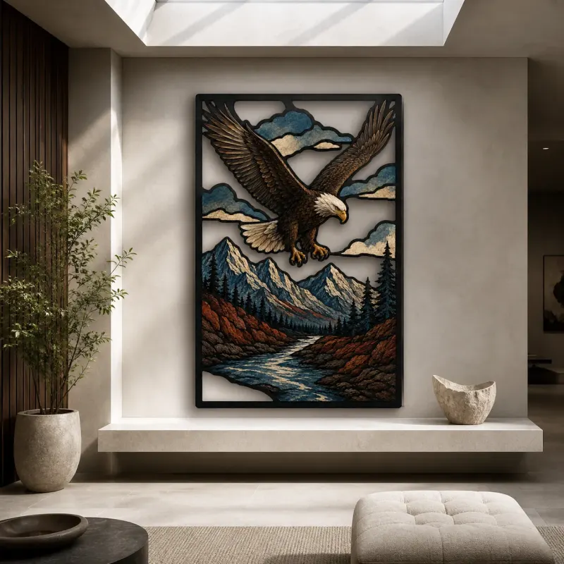 Bald Eagle Flying over Autumn Mountain Lake Colorful Metal Wall Art