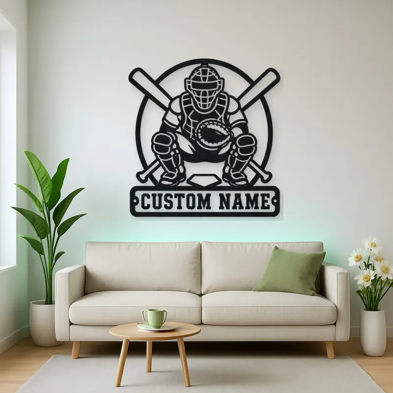 Personalized Baseball Catcher Crossed Bats Metal Wall Art