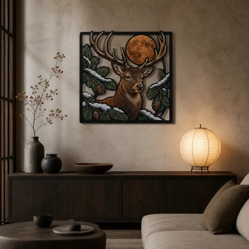 Winter Whitetail Deer beneath Full Moon Colorful Metal Wall Art