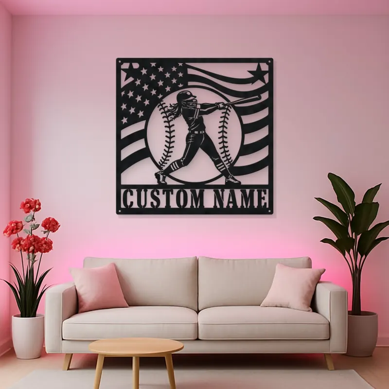 Personalized Female Softball Batter Waving Flag Metal Wall Art