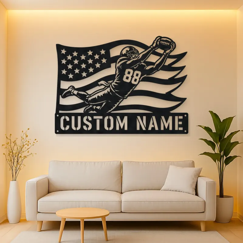 Personalized Number 88 Diving Receiver American Flag Metal Wall Art