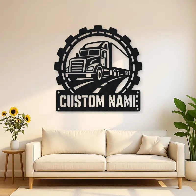 Personalized Semi Truck Metal Wall Art with Gear Frame