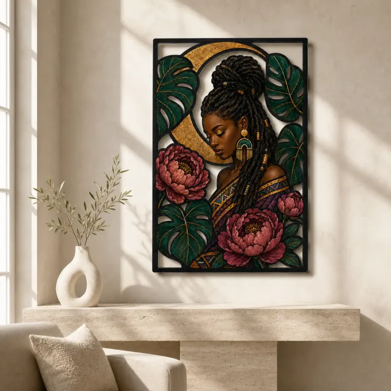 Braided Afro Woman with Peonies and Monstera Leaves Colorful Metal Wall Art