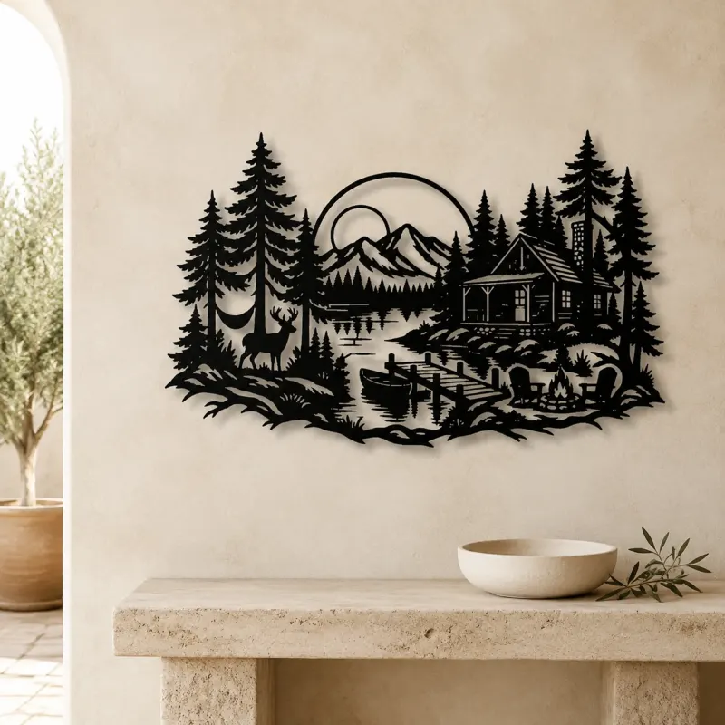Lakeside Forest Cabin Metal Wall Art | Nature Silhouette Decor - lifestyle view 3