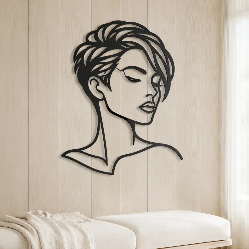 Short Hair Modern Face Metal Wall Art | Minimalist Woman Line Art - lifestyle view 5
