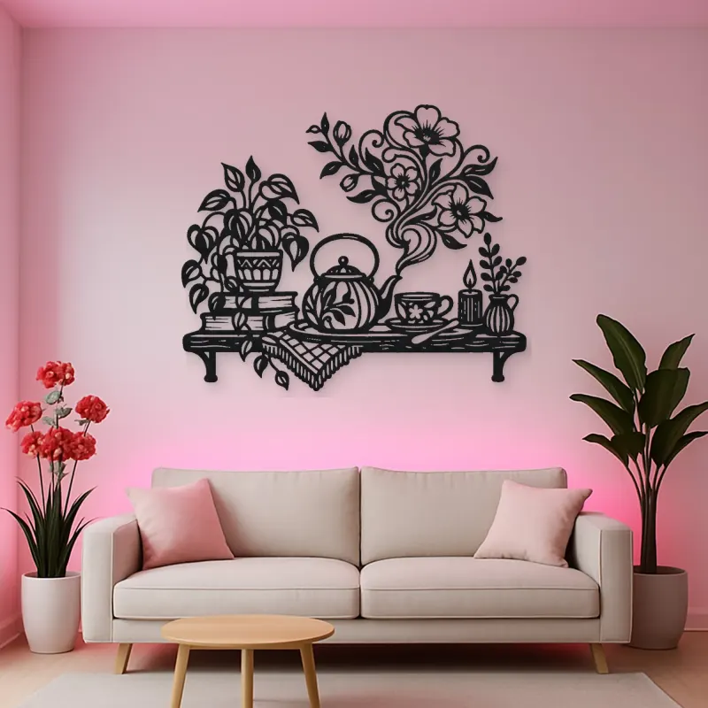 Teapot Floral Steam Metal Wall Art | Botanical Metal Wall Decor