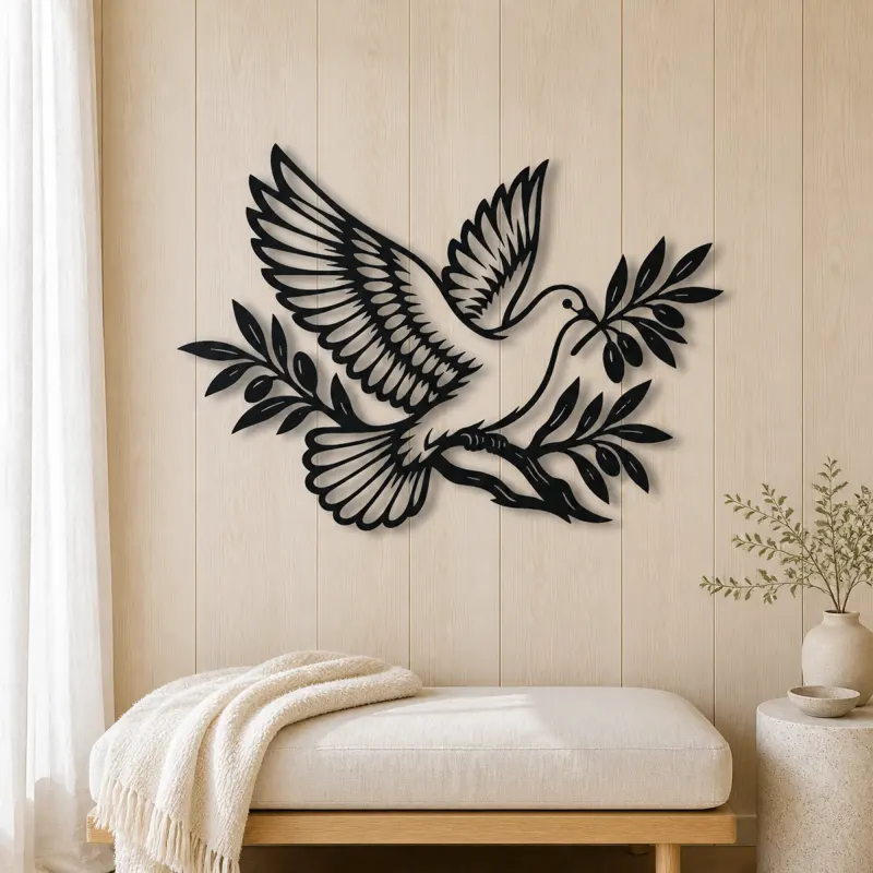 Dove Olive Branch Metal Wall Art | Wildlife Silhouette Decor - lifestyle view 5