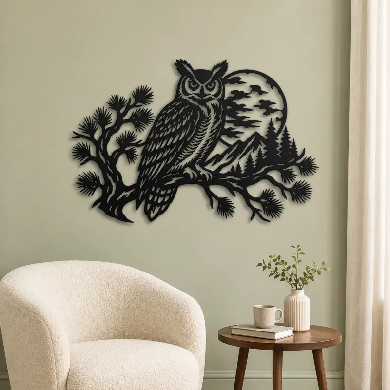 Owl Moon Branch Metal Wall Art | Wildlife Silhouette Decor - lifestyle view 2