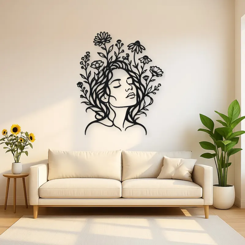 Wildflower Face Metal Wall Art | Minimalist Woman Line Art