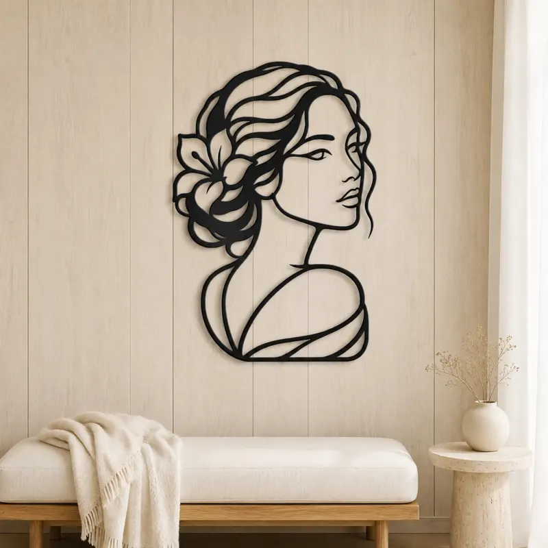 Calm Side Glance Metal Wall Art | Minimalist Woman Line Art - lifestyle view 5