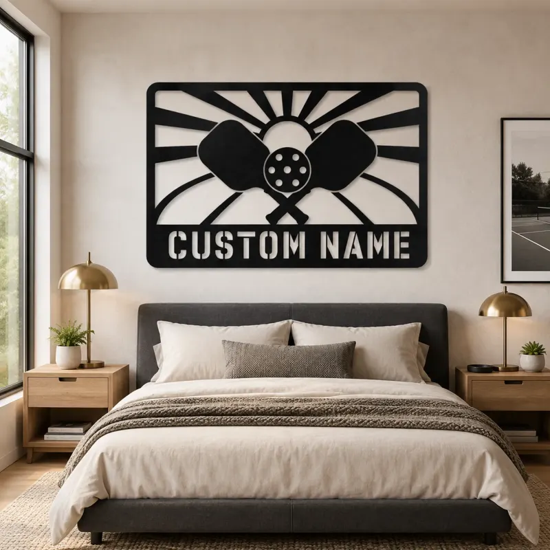 Personalized Pickleball Paddle Metal Wall Art with Sunrise - lifestyle view 2