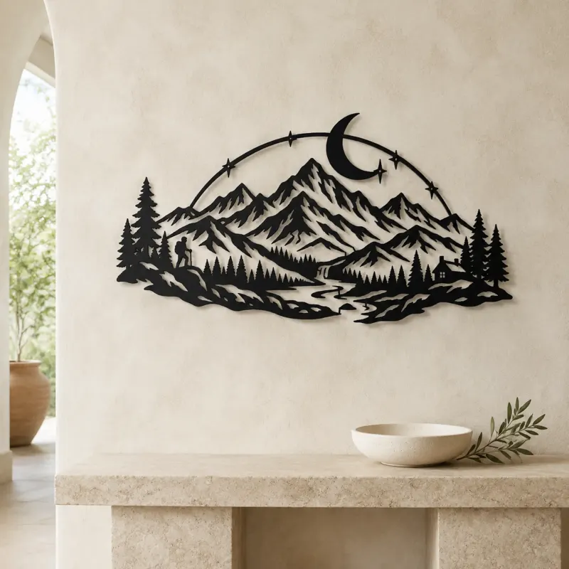 Moonlit Mountain Arc Metal Wall Art | Nature Silhouette Decor - lifestyle view 3