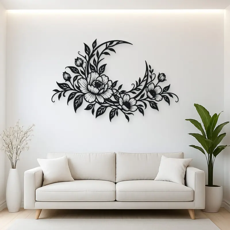 Floral Moon Arc Metal Wall Art | Botanical Metal Wall Decor