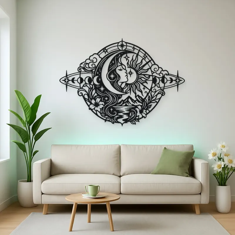 Celestial Crescent Face Metal Wall Art | Minimalist Woman Line Art