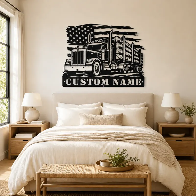 Personalized Logging Semi Truck Metal Wall Art with American Flag - lifestyle view 2