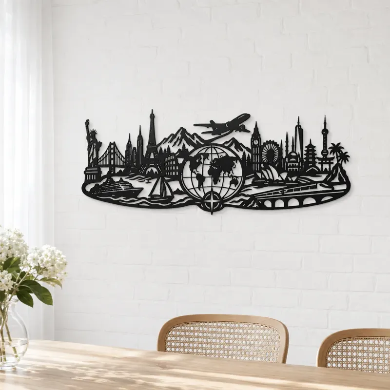 World Map Travel Line Metal Wall Art | Travel and City Wall Decor - lifestyle view 4