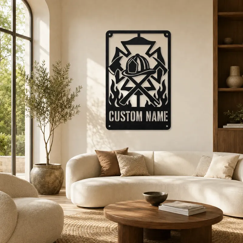 Décoration murale en métal personnalisée blason de pompier avec haches