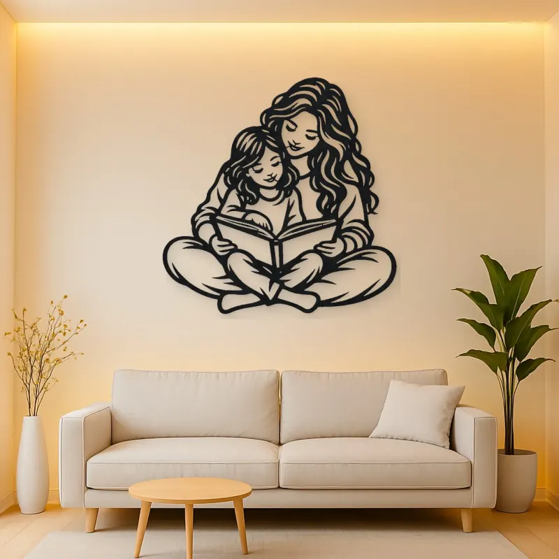 Parent Child Reading Metal Wall Art | Family Silhouette Decor