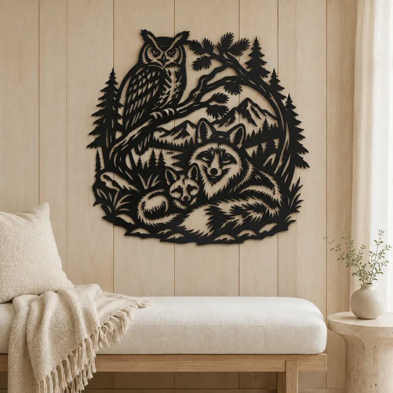 Owl and Fox Forest Metal Wall Art | Wildlife Silhouette Decor - lifestyle view 5