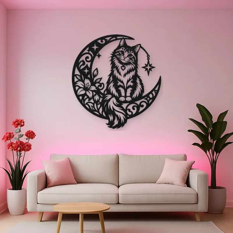 Cat on Moon Arc Metal Wall Art | Pet Lover Silhouette Decor