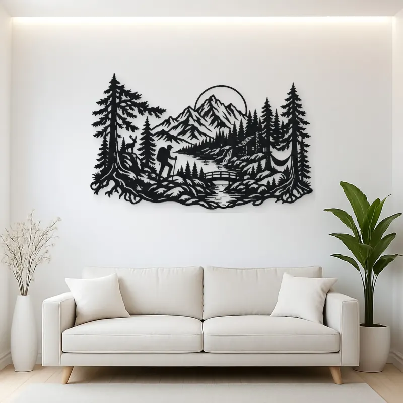 Hiker in the Woods Metal Wall Art | Nature Silhouette Decor