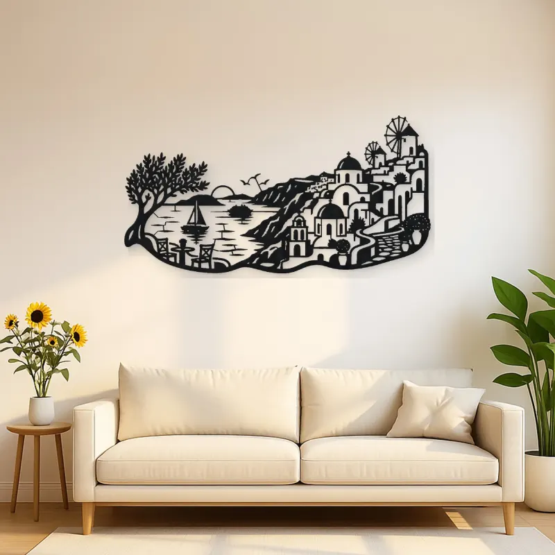 Santorini Coastal Line Metal Wall Art | Travel and City Wall Decor