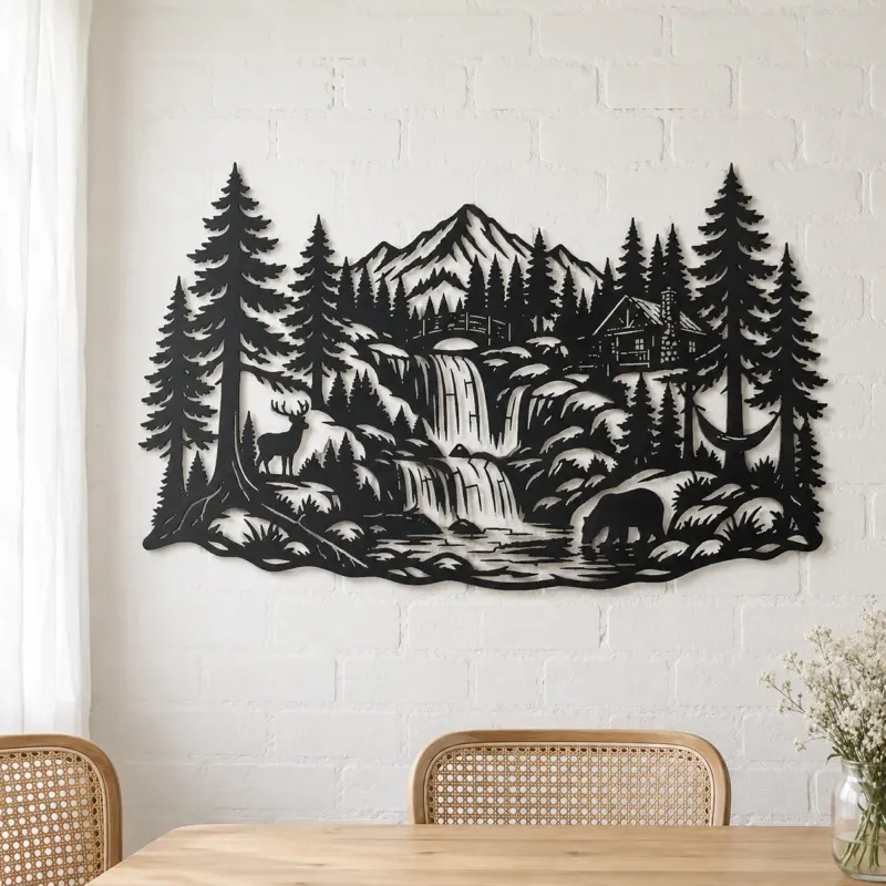 Forest Waterfall Metal Wall Art | Nature Silhouette Decor - lifestyle view 4