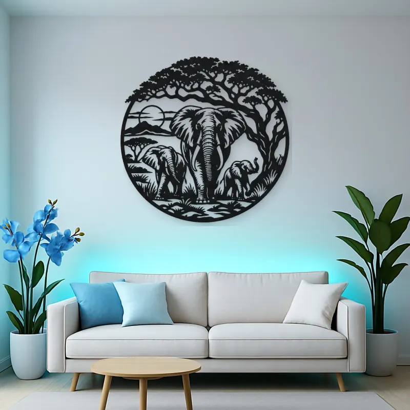 Elephant Tree Circle Metal Wall Art | Wildlife Silhouette Decor