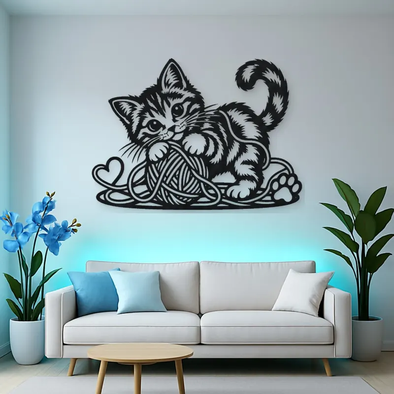 Playful Kitten Yarn Metal Wall Art | Pet Lover Silhouette Decor