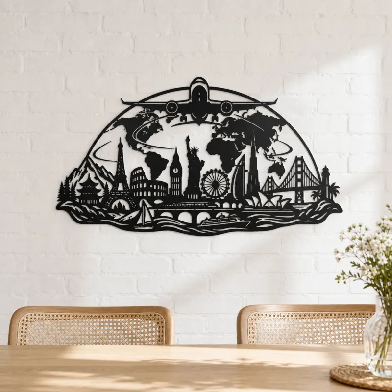 Airplane World Arc Metal Wall Art | Travel and City Wall Decor - lifestyle view 4
