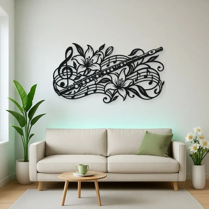 Flute Botanical Line Metal Wall Art | Music Room Wall Decor