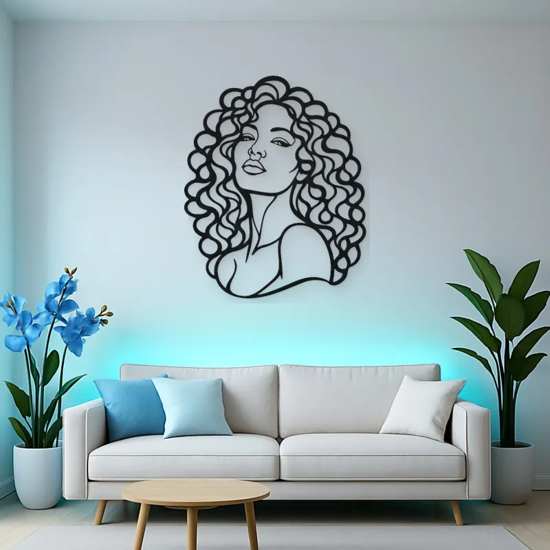 Curly Hair Portrait Metal Wall Art | Minimalist Woman Line Art