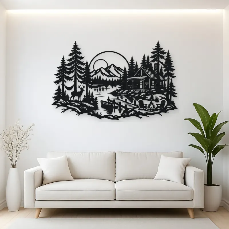 Lakeside Forest Cabin Metal Wall Art | Nature Silhouette Decor